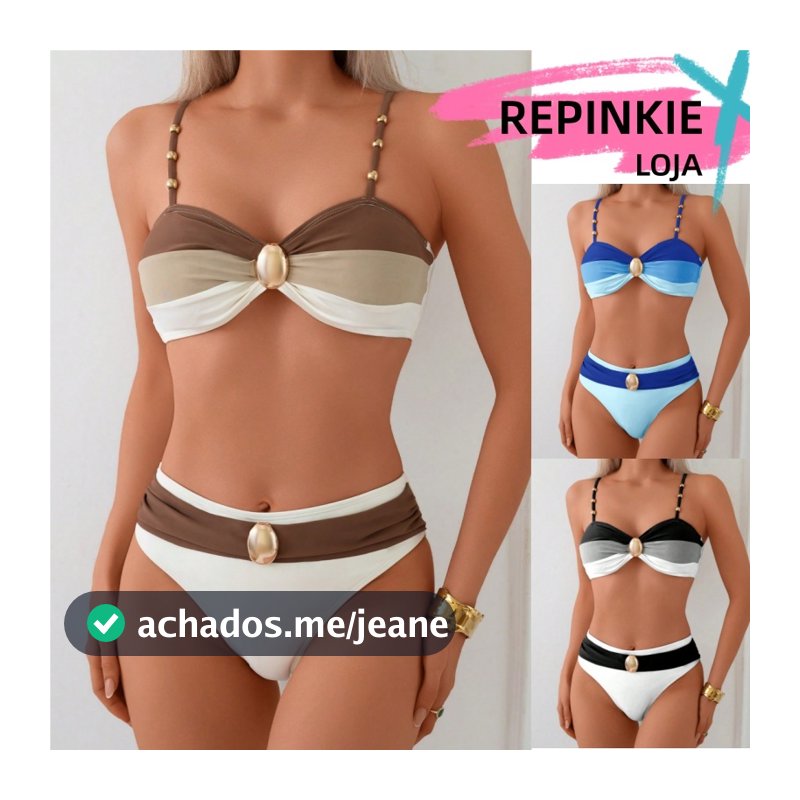 Conjunto de 2 Peças Maiô Biquíni Feminino Apresentando com Contas Metálicas em Recorte Tricolor