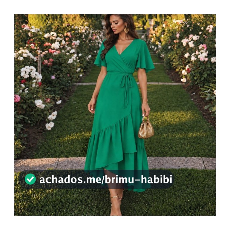 Vestido Feminino Longo Liso Saia Envelope Transpassada Manga Curta Decote V
