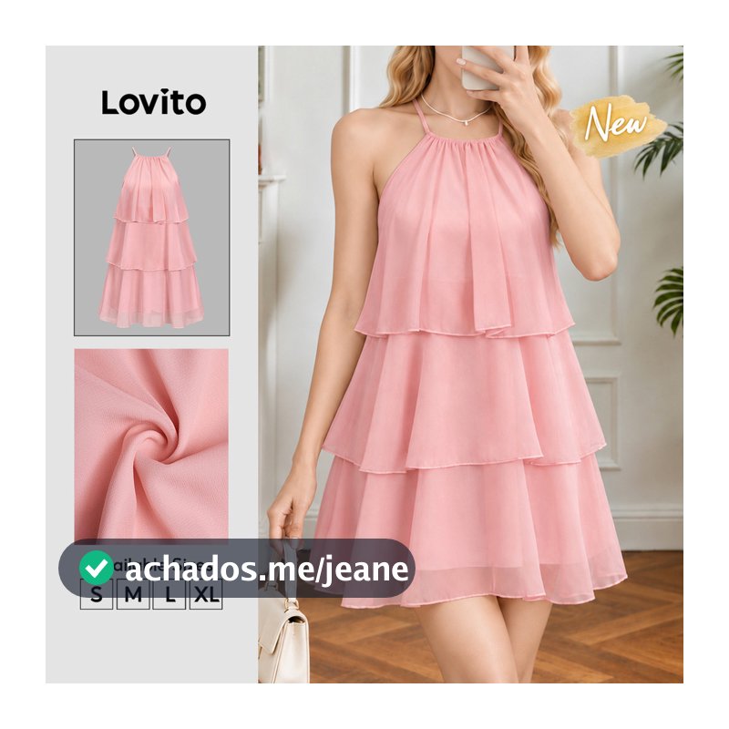 (New Arrival) Lovito Vestido Rosa Feminino Casual Liso Com Camadas Sobrepostas E Em Níveis Com Amarração Curto Para Primavera E Verão Para Fins De Semana E Trabalho DRT40BR275