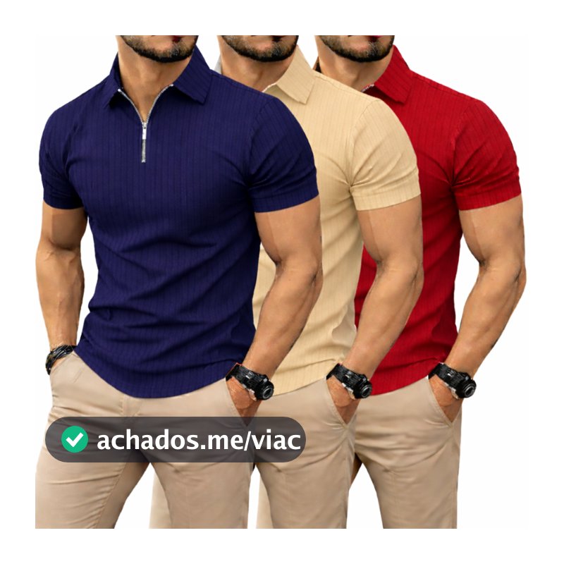 Kit 3 camisas Camiseta Polo Manga Curta Com Ziper Masculina Malha Canelada