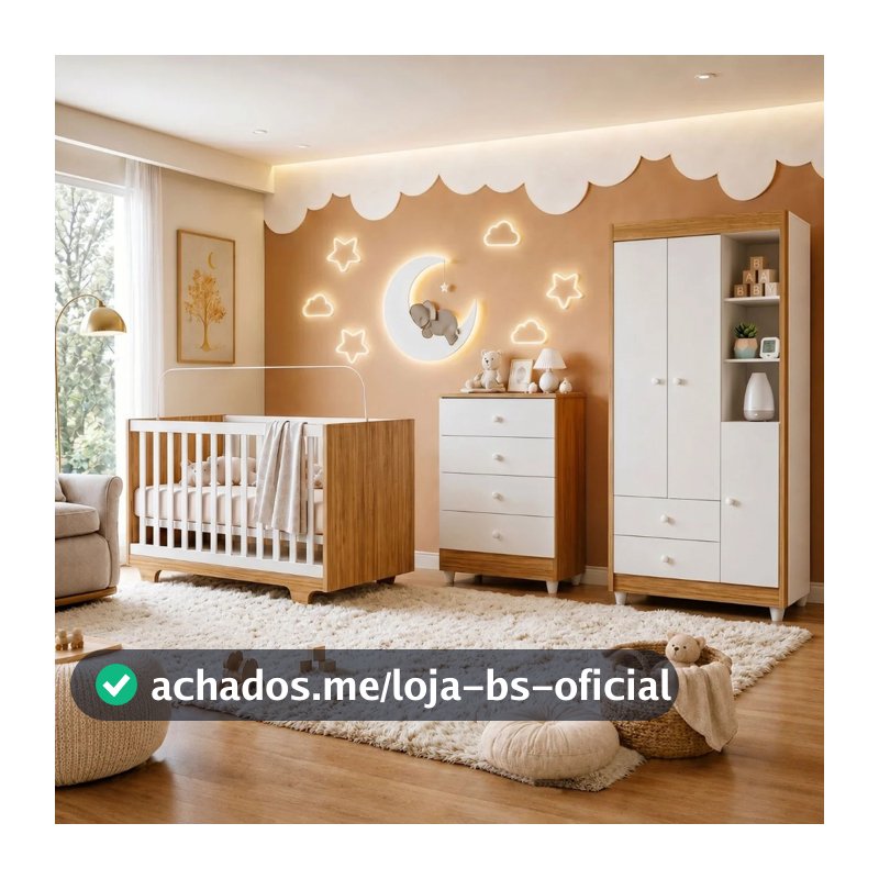 Quarto de Bebê Completo 100% MDF Cômoda Berço e Guarda Roupa Nina Branco/Amadeirado
