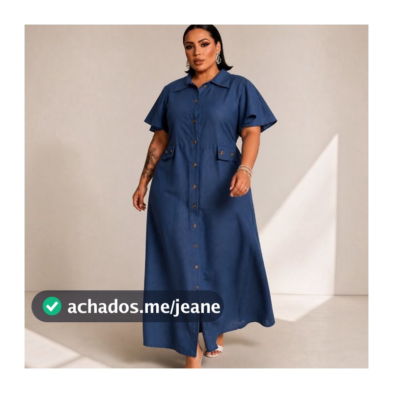 Vestido Longo Jeans Feminino Plus Size com Botões  Manga Curta  Gola Social  Moda Evangélica  Casual Elegante