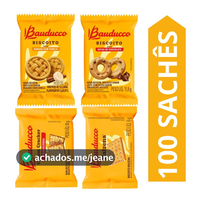 Kit 100 Sachês Biscoito Bauducco Sabores Gotas De Chocolate, Banana, Cream Cracker, Maizena