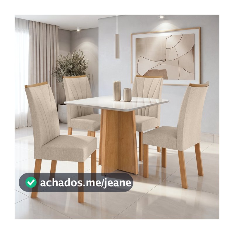 Conjunto Sala de Jantar Mesa Celebrare.90x90 Tampo Vidro/MDF com 4 Cad.Apogeu Linho Amendoa/off