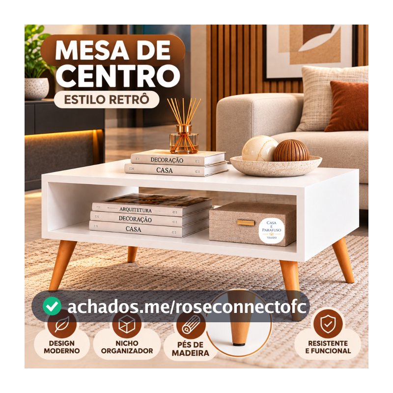 Mesa de Centro Retrô 65cm com Nicho e Pés de Madeira – Sala de Estar-49