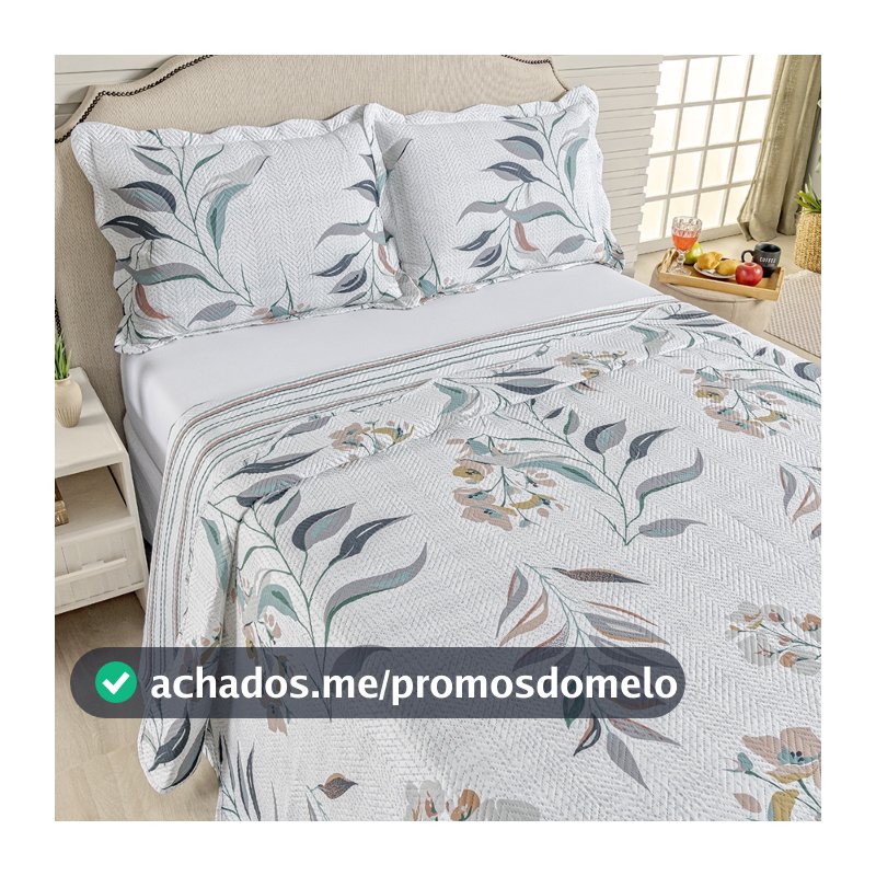 Kit Cobre Leito Colcha Casal Bouti 3 Peças Dupla Face Estampada Porta Travesseiro Aba Americana