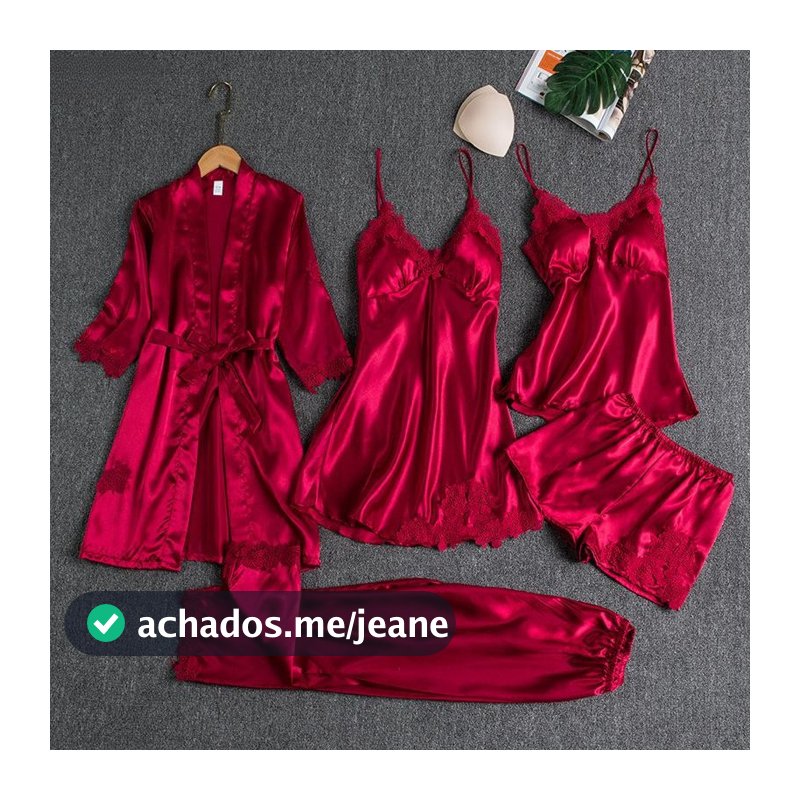 Conjunto De Camisola De Seda De 5 Peças Para Mulheres , Pijamas Com Acabamento Em Renda , Roupa De Pijama Elegante Decot