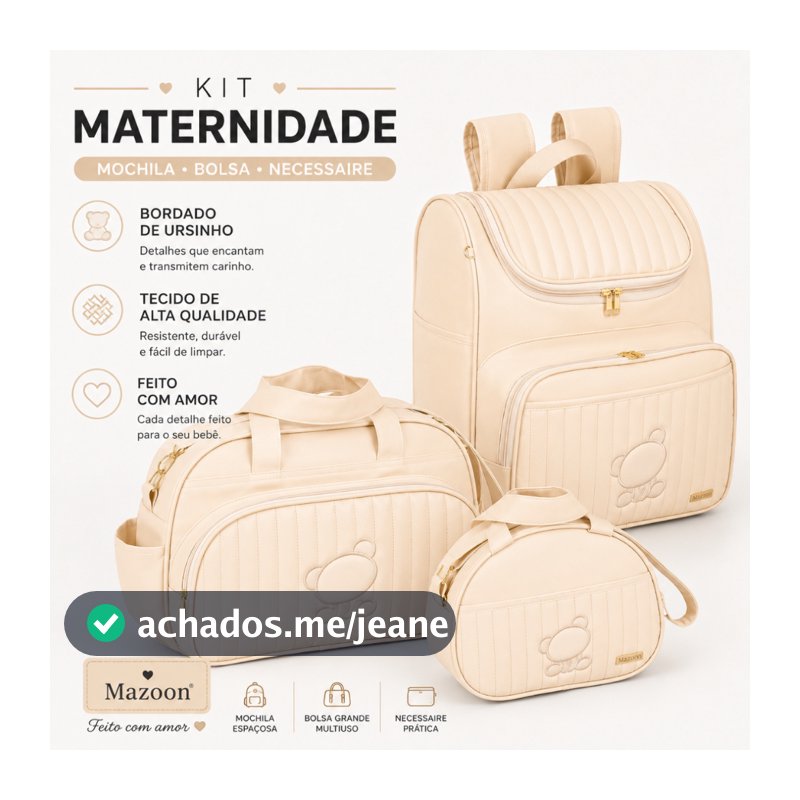 Kit Bolsas Maternidade 3 peças Mochila, Bolsa e Frasqueira Bege com Urso Bordado Bege