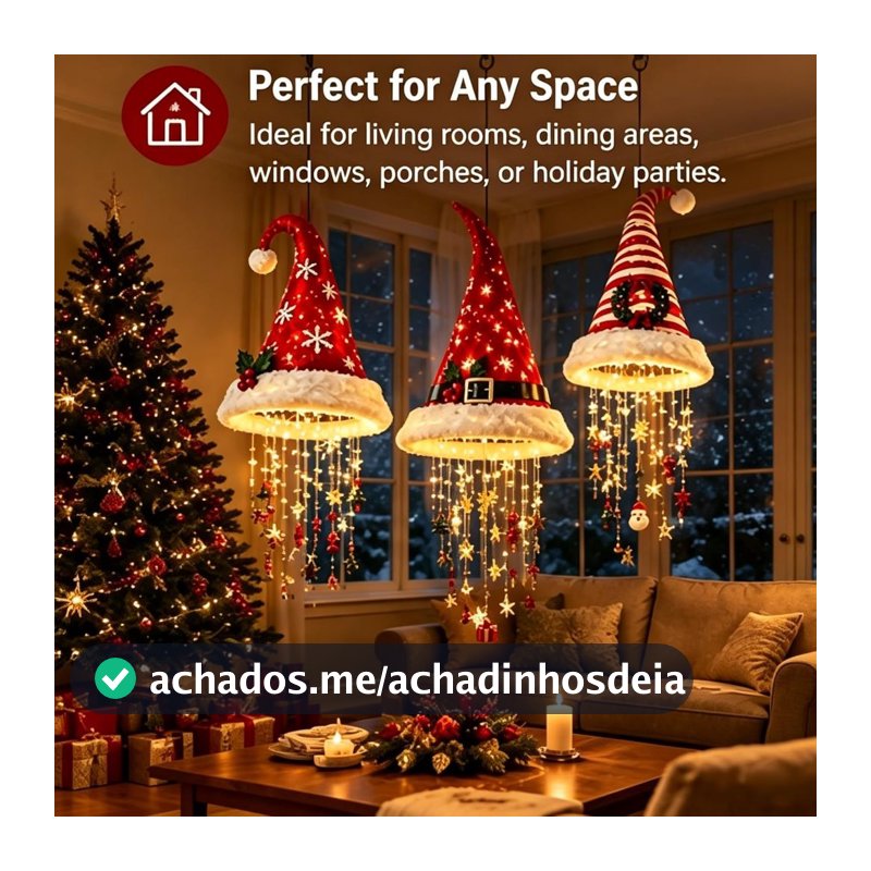 Luz de Natal pendente em forma de chapéu de Natal com enfeites.