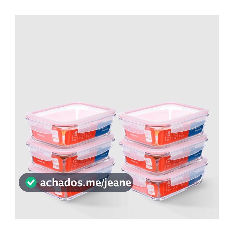 Kit com 6 Potes de Vidro Herméticos Retangulares 1,5L Invicta