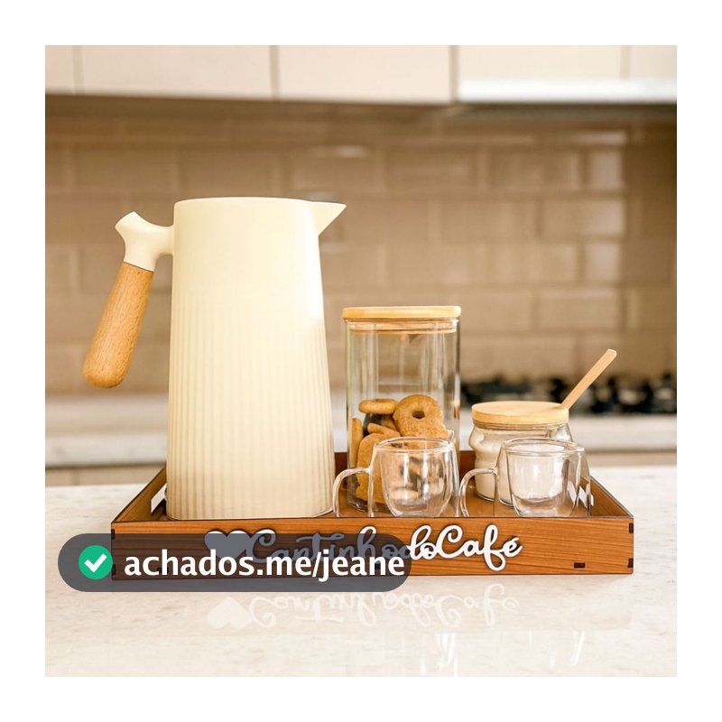Kit Bandeja Cantinho do Cafe Cha Com Alças + 4 Peças Apliques Quadro Para Decoração Escritório Mdf