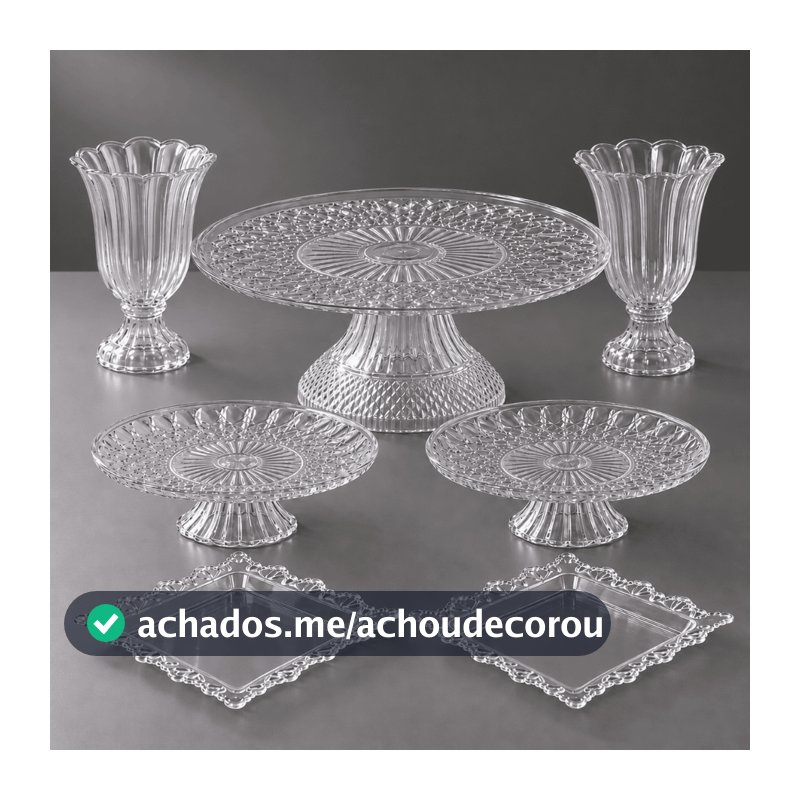 Kit Festa 7 Peças Transparente Boleira 30cm 2 Suportes de Doces 2 Bandejas 2 Vasos Decoração Aniversário