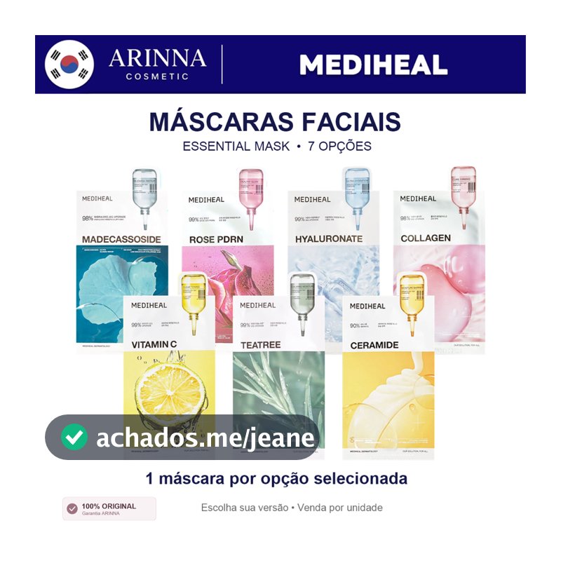 [MEDIHEAL] Máscara Essencial 7 Tipos 1pcs PDRN/Madecassoside/Vitamina C/Hialurônico/Colágeno/Árvore Do Chá/Ceramida