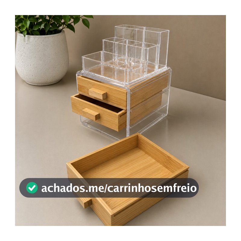 Kit Organizador Maquiagem com Porta Joia e Gavetas Bambu