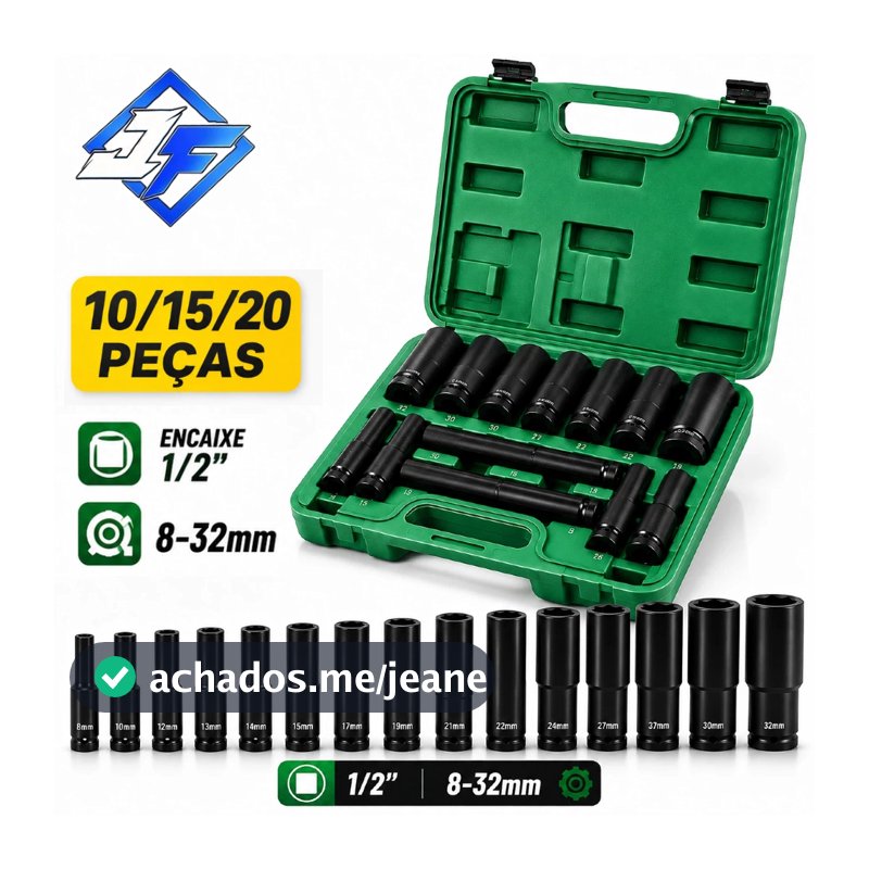 Kit 20/15/10 Peças Soquetes de Impacto Longo 1/2" 8-32mm - Jogo em Aço Cr-V Profissional