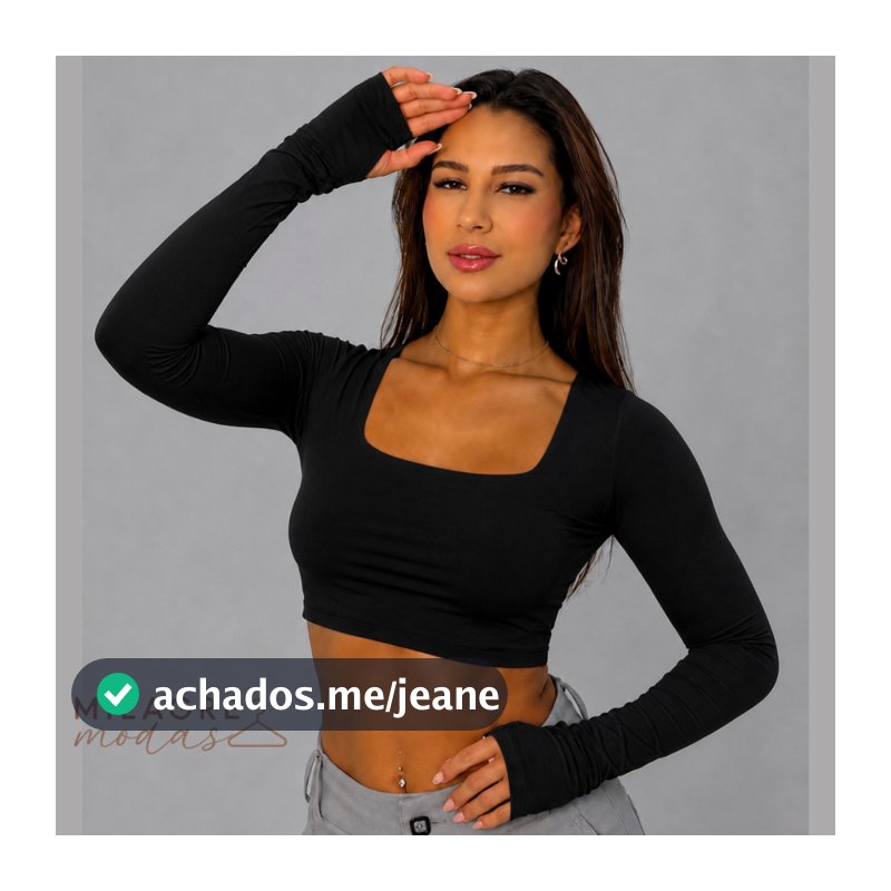 Cropped Feminino Manga Longa Com Dedeira Forro Duplo Gola Quadrada Decote Elegante Academia Dia a Dia Moda Gringa Suplex