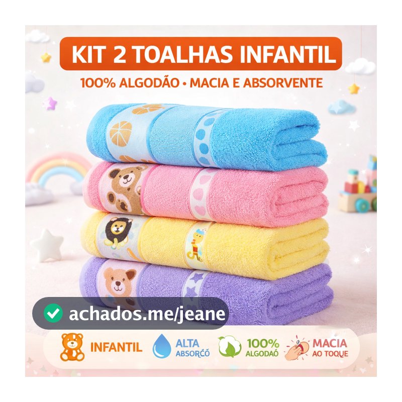 Kit2 Toalha De Banho Infantil Com Desenhos Kids 100% Algodão 70cm x 1,10m