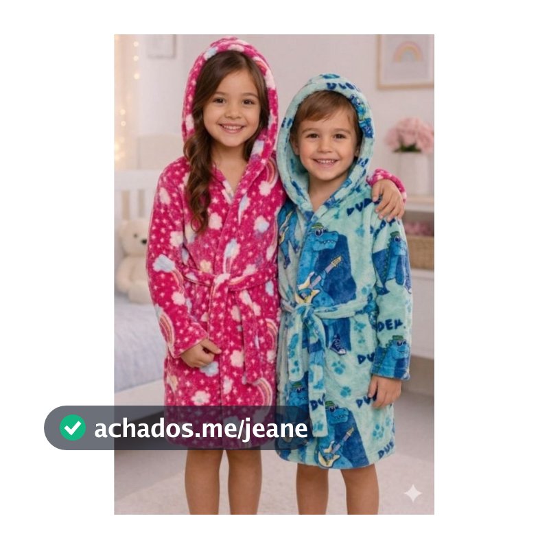 Roupão Soft Peludinho Infantil Liso e Estampado Com Capuz Sem Bolso