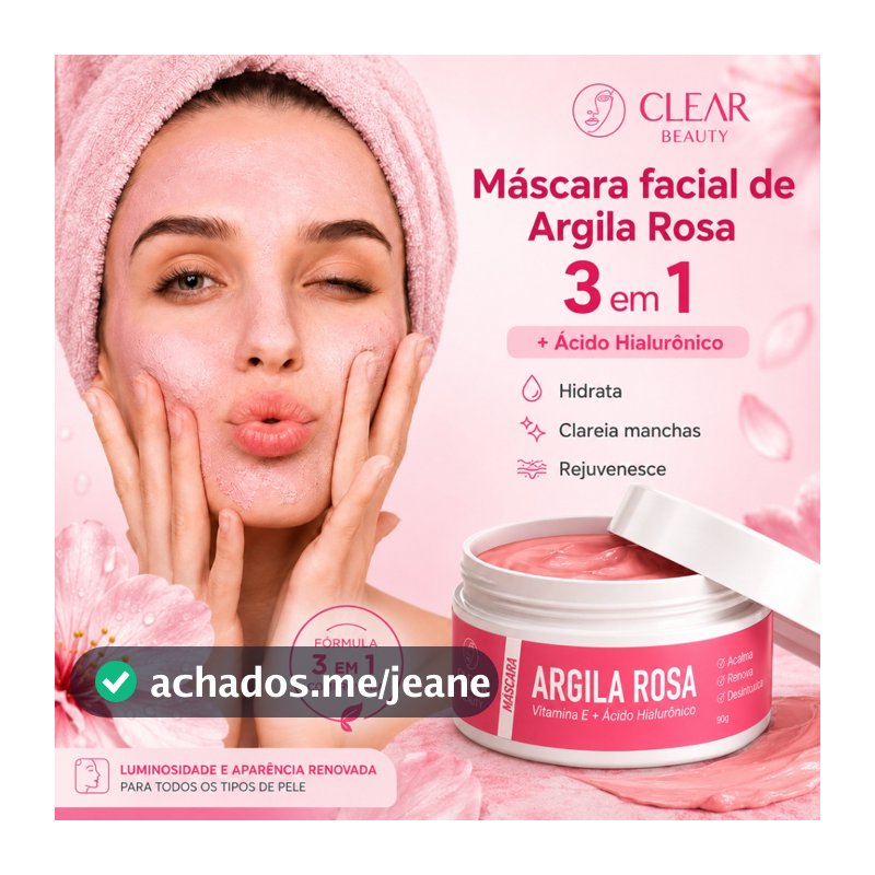 Máscara Facial 3 em 1 Argila Rosa + Ácido Hialurônico Skin Care 90g - Clear Beauty