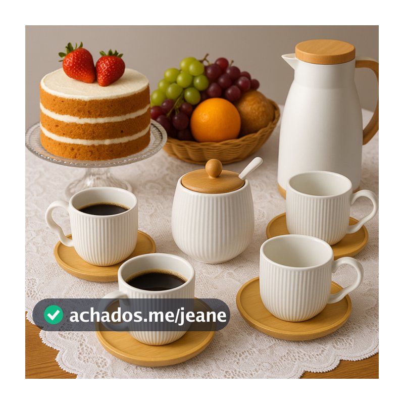 Kit Porcelana Branco 4 Xícaras de Café 90ml Pires de Bambu + Açucareiro  C/ Tampa de Bambu + colher