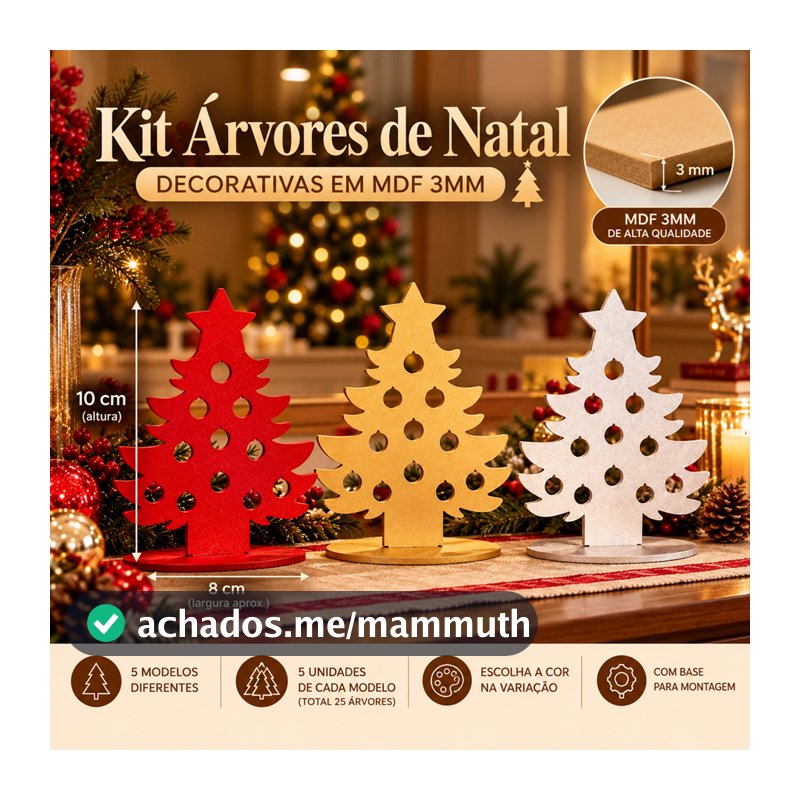 Kit com Árvores de Natal Decorativas em MDF 3mm com Base para Montar
