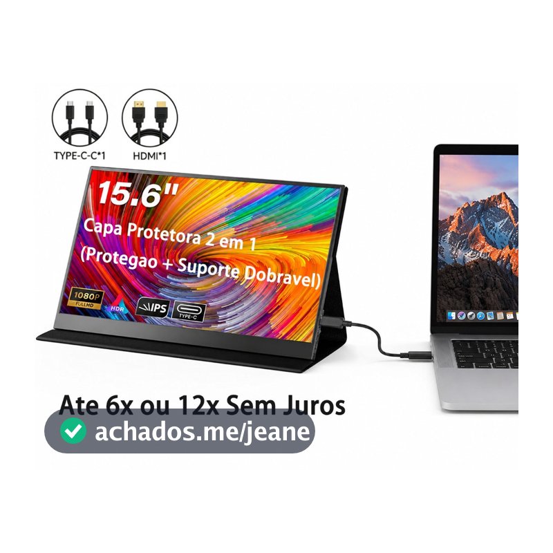 Monitor Portátil 15.6 Pol FHD 1080P IPS Type-C HDMI Segunda Tela para Notebook  Celular Switch PS5 Plug & Play com Capa