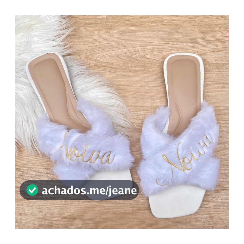 Rasteira Pantufa Trançada Noiva - Pelúcia Branca Bordada - Confortável e Elegante - Ideal para Dia da Noiva e Making Off