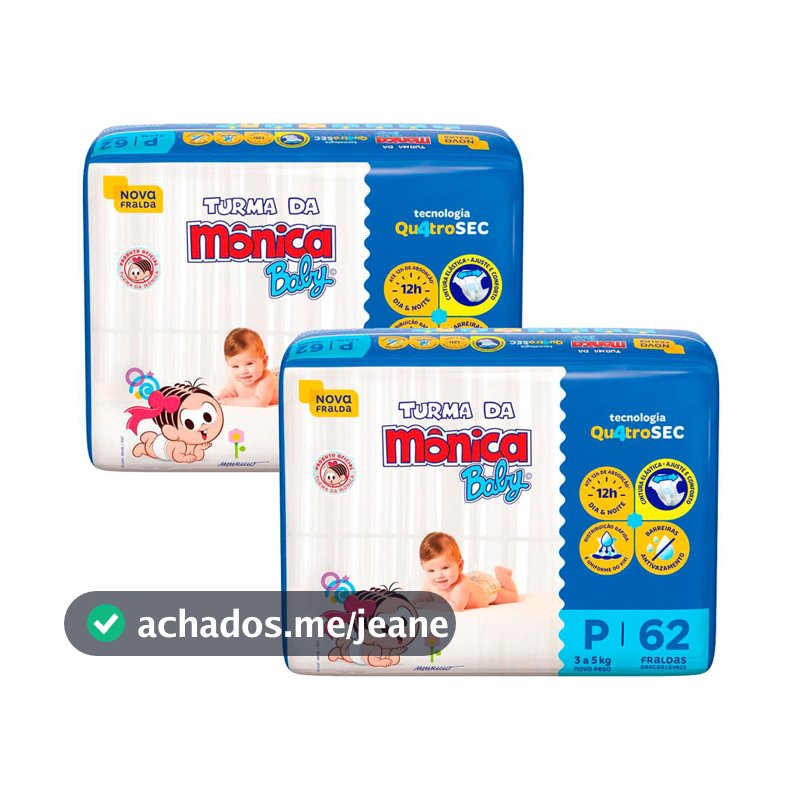Kit 2 Fralda Turma da Mônica Baby Tamanho P Pacote Mega 62 Unidades Descartáveis