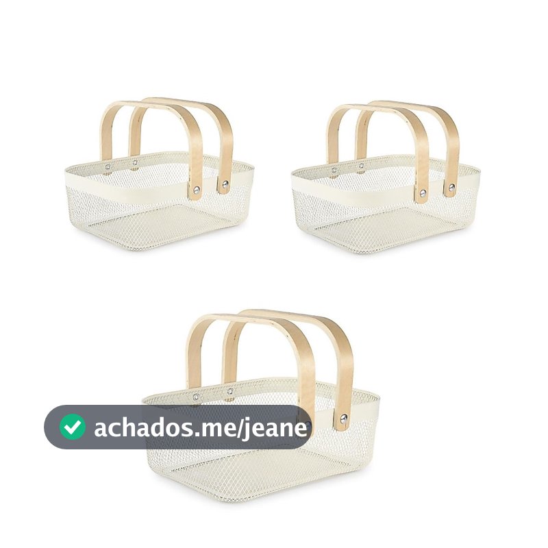 Kit 3 Cestos Organizadores de Metal com Alça em Madeira Multiuso para Cozinha, Banheiro, Sala