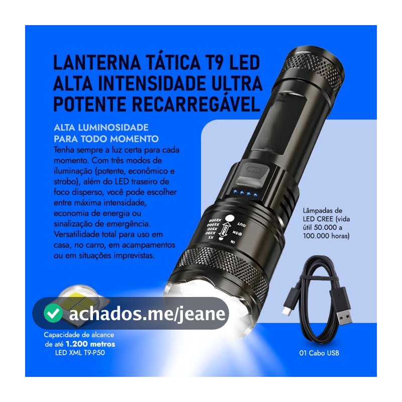 Lanterna Tática T9 Led Ultra Potente - Mais Forte do Mercado