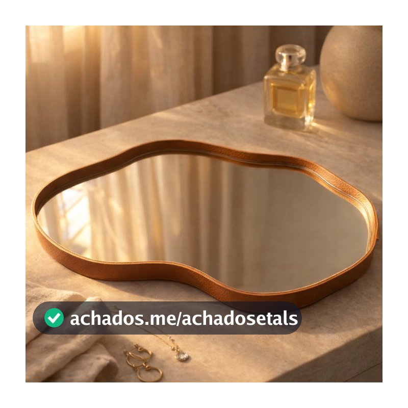 Bandeja Espelhada Decorativa Orgânico Couro Ecológico Premium 38x26cm Sala Quarto Banheiro Mesa Hall