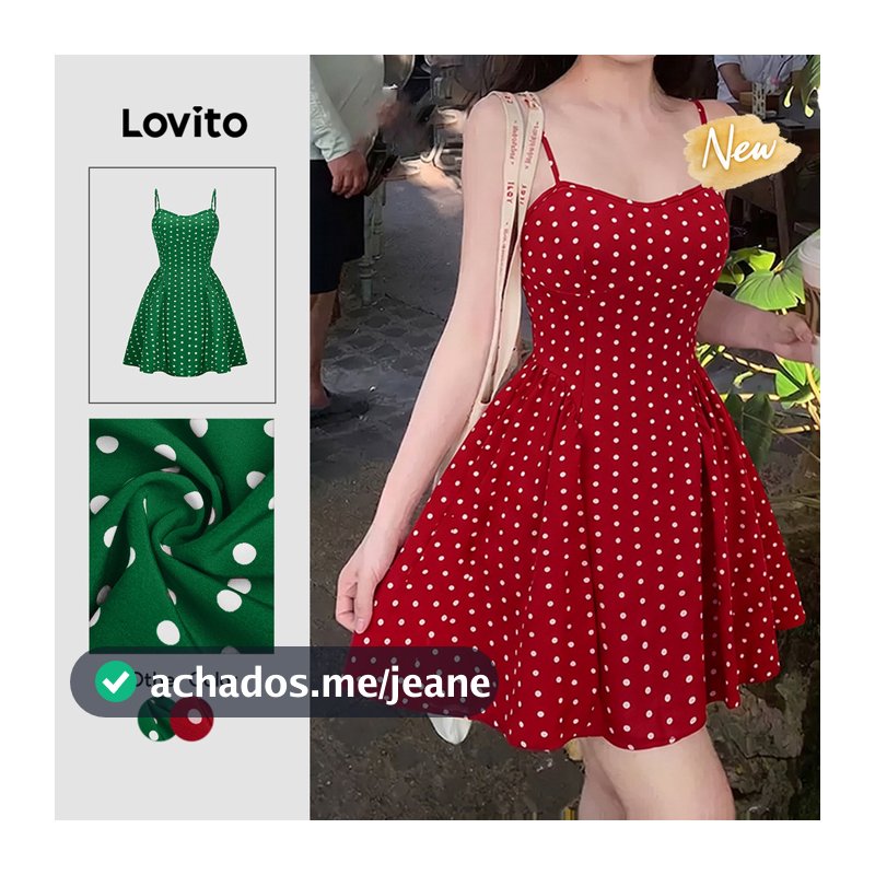 (New Arrival) Lovito Casual Vestido Curto Evase Vermelho Poá Drapeado Pregos Primavera Verão Fim De Semana Para Mulheres DRB204P1D257