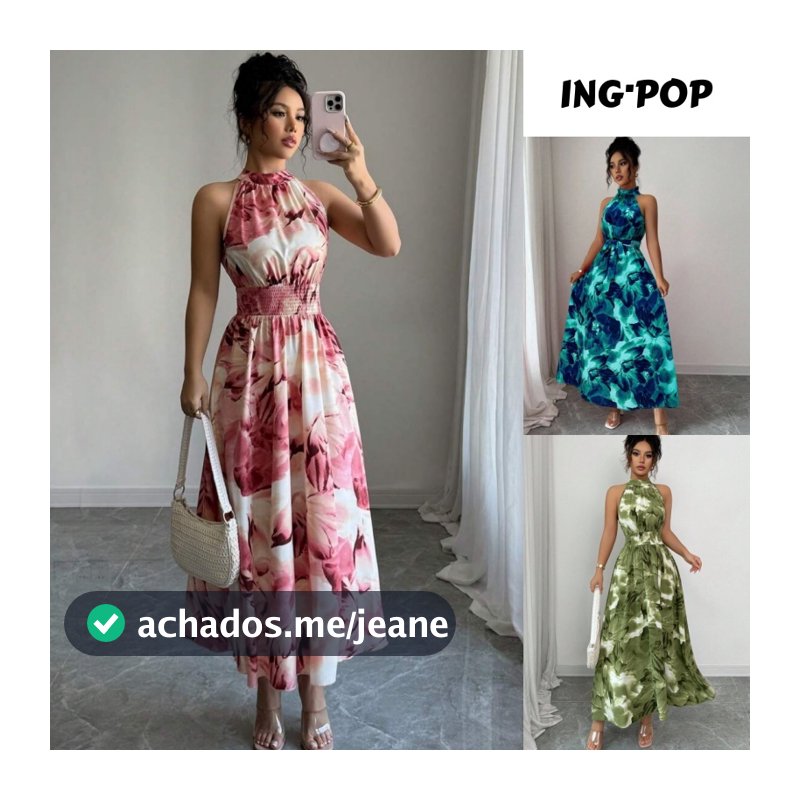 Vestido Feminino Estampa Floral Tie Dye Decote Halter Amarração na Cintura e Silhueta em A Dequado