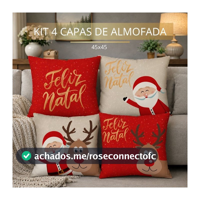 NATAL! Kit com 4 Capas para Almofadas Decorativas Natal Papai Noel 45x45 cm