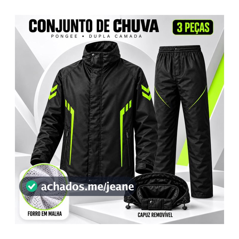 Conjunto Capa de Chuva Moto 3 Peças Pongee com Forro Capuz Removível Refletivo Jaqueta Calça Motociclista
