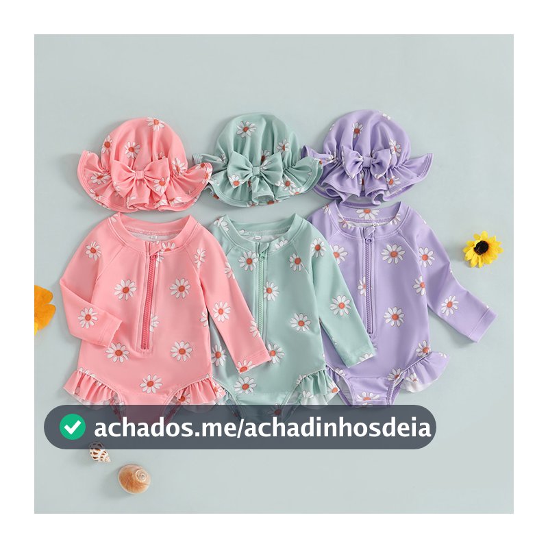 Biquíni Com Zíper E Estampa Floral De Manga Comprida Para Bebês Meninas Chapéu Roupa De Banho Recém-Nascidos