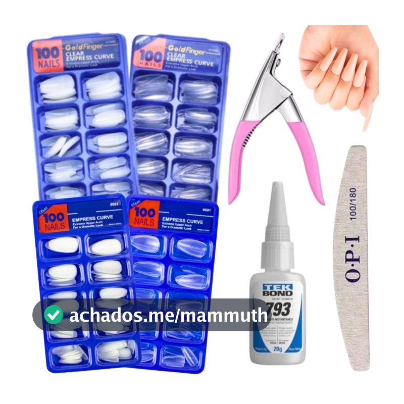 Kit Alongamento Unhas Profissional 100 Unhas Postiças + Cola Tekbond 793 + Alicate + Lixa