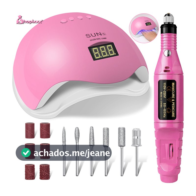 Kit Cabine De Unhas Gel Estufa 48W Sun 5 UV LED + Lixadeira Elétrica Motor Caneta Unha Postiça Gel Acrigel OFERTA