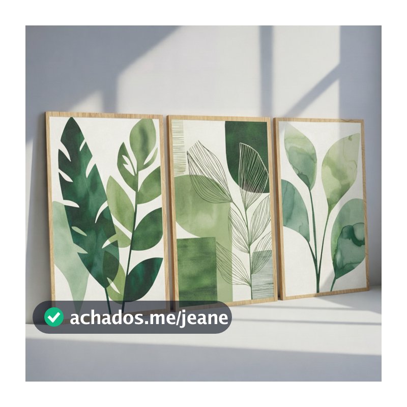 Kit Trio Quadros Decorativos Folhagem Verde Abstrato Moderno Parede Sala Quarto Natureza Botânico