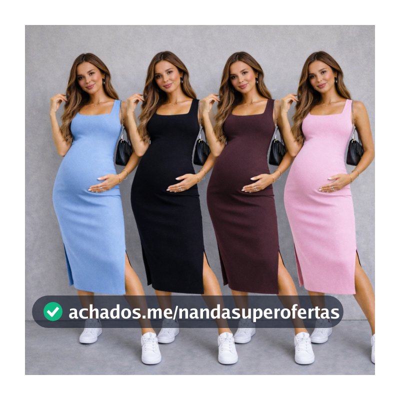 Vestido Midi Tubinho Gestante Canelado/Ribana com Fenda para Gravida Regata Quadrada