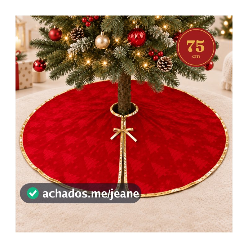 Saia para Árvore de Natal Redonda 75cm Feltro Vermelha e Dourado Base Decorativa com Laço