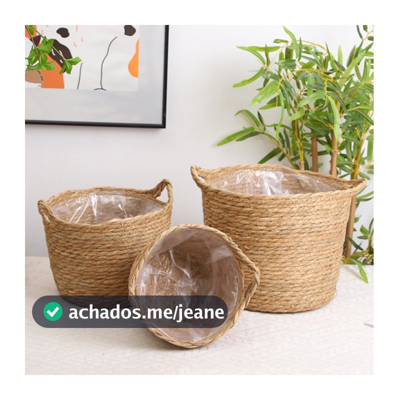 Cesto Cachepot de Palha Natural Com Forro De Plástico Para Vaso