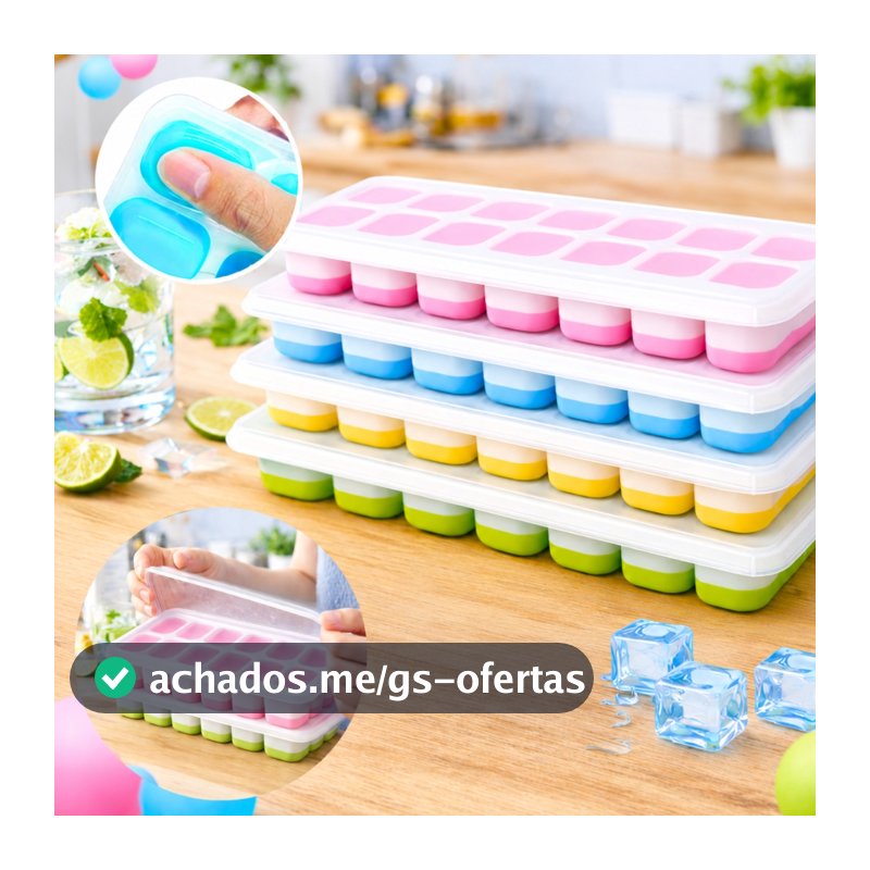 Kit 4 Formas de Gelo Silicone 14 Cubos com Tampa Rígida Fundo Flexível Desenforma Fácil Freezer