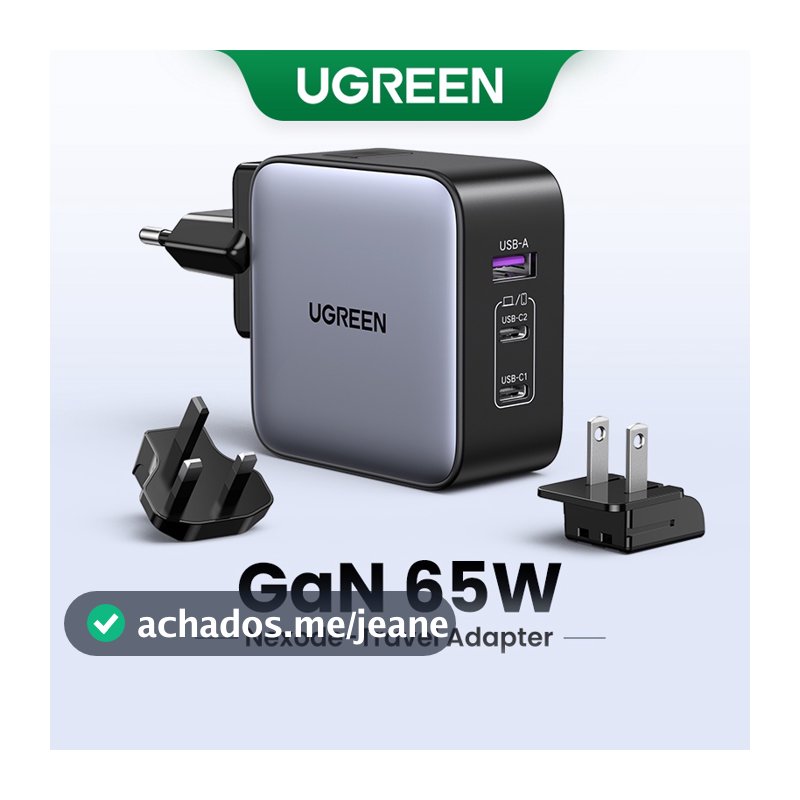 Carregador Rápido De Viagem UGREEN 65W GAN PD-2C1A 2 Tipo C 1 USB A Com UK/EU/US Plugs Para Ipad Pro MacBook M1 iPhone