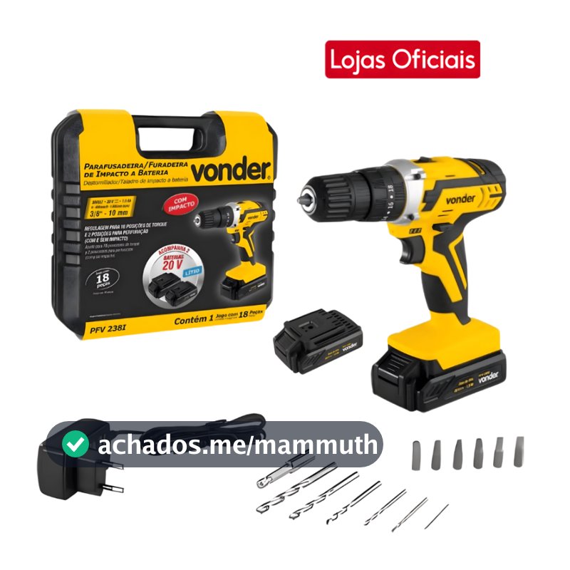 Parafusadeira Furadeira de Impacto Vonder 20V 1,5A PFV238I com 2 Baterias e Maleta Bivolt