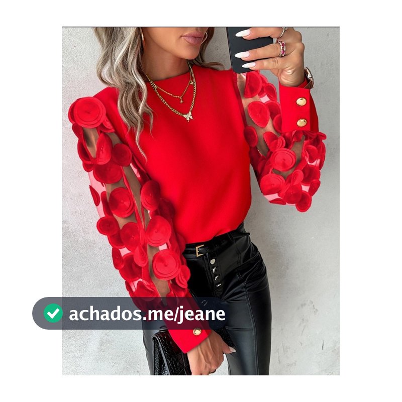 Camisa de Manga Longa de Outono Camisa de Manga Redonda de Pescoço Petal Camisa de Moda Feminina Camisa de Costura em Renda Roupa Feminina
