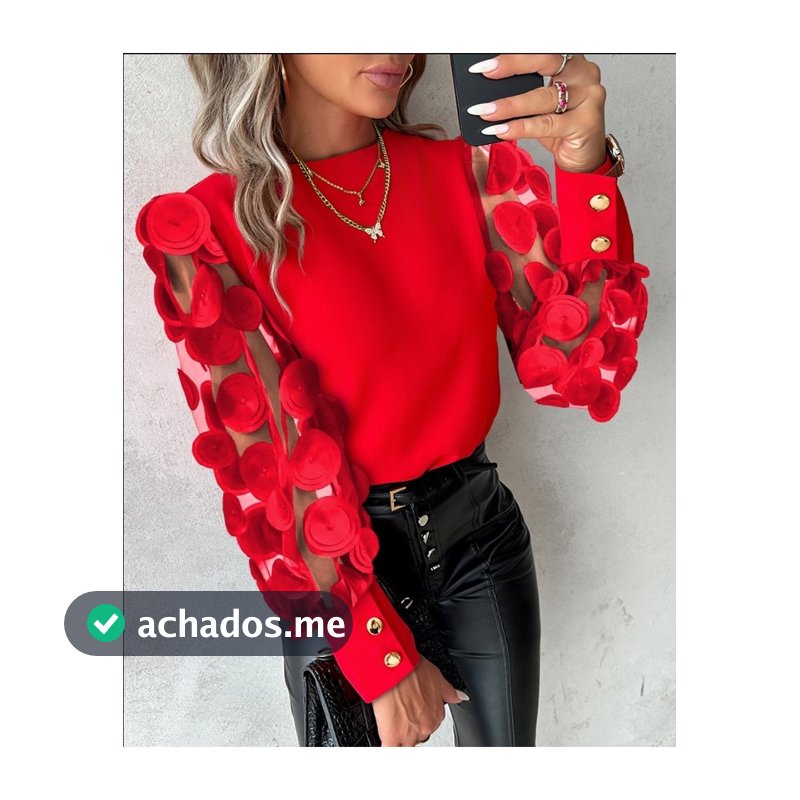 Camisa de Manga Longa de Outono Camisa de Manga Redonda de Pescoço Petal Camisa de Moda Feminina Camisa de Costura em Renda Roupa Feminina