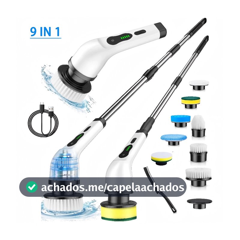 Escova De Limpeza 9 Em 1 Elétrica Giratória Com Cabo Alongador