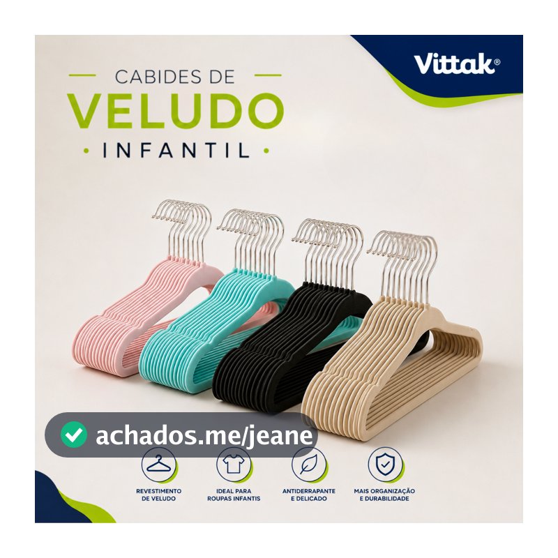Vittak Kit Cabide Infantil Veludo Slim Antideslizante Organizador – Criança e Bebê | 10, 20, 30 ou 50 Unidades