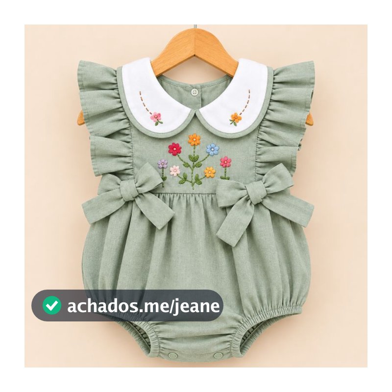 Romper jardineira com bordado rococó - pronta entrega